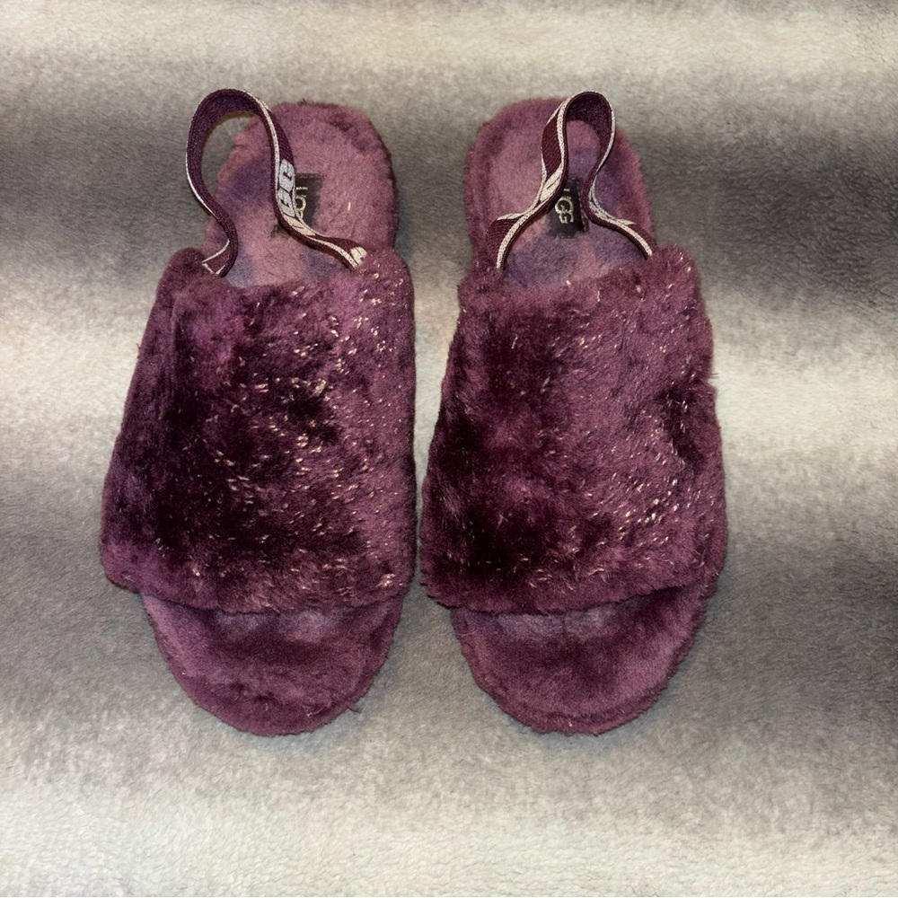 UGG Fluff Yeah Metallic Sparkle Slide Pinot Noir Purple Sheepskin Slippers Sz 11 - Picture 6 of 12